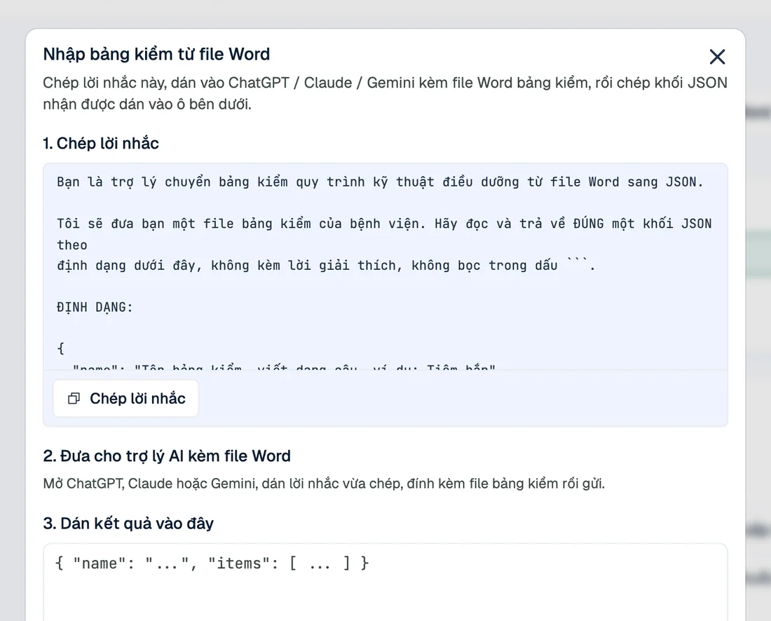 Hộp thoại nhập bảng kiểm từ Word nhờ AI